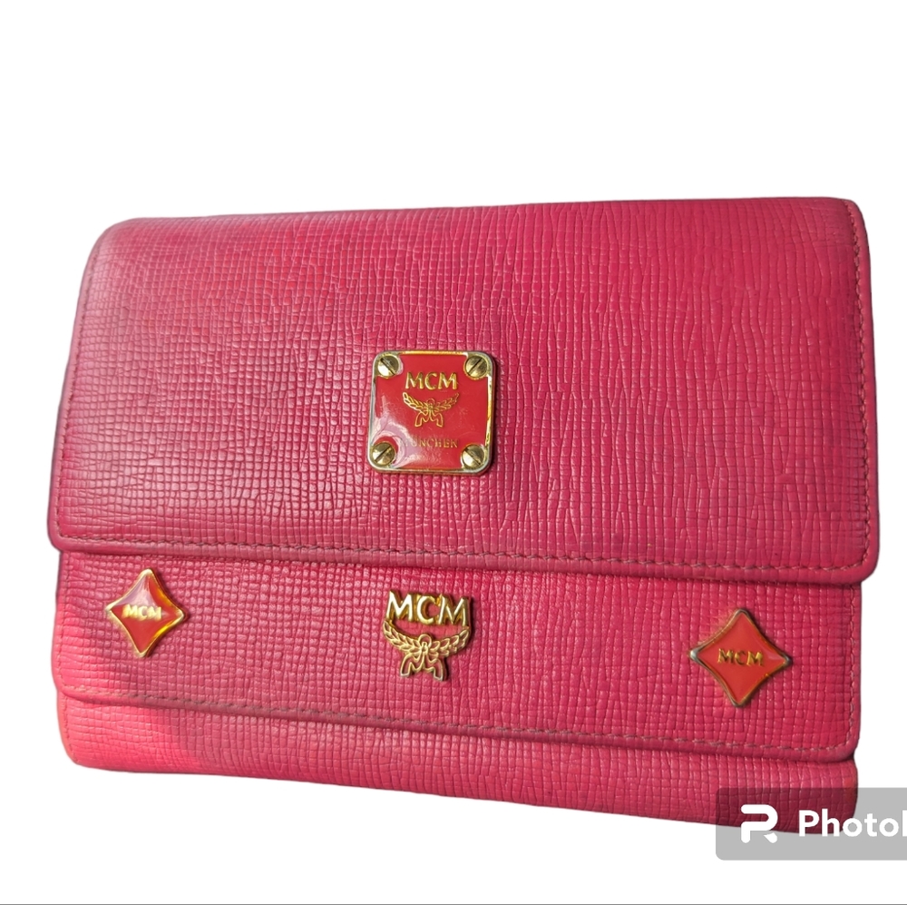 MCM Leather Trifold Wallet Studded Logo Motifs in Magenta